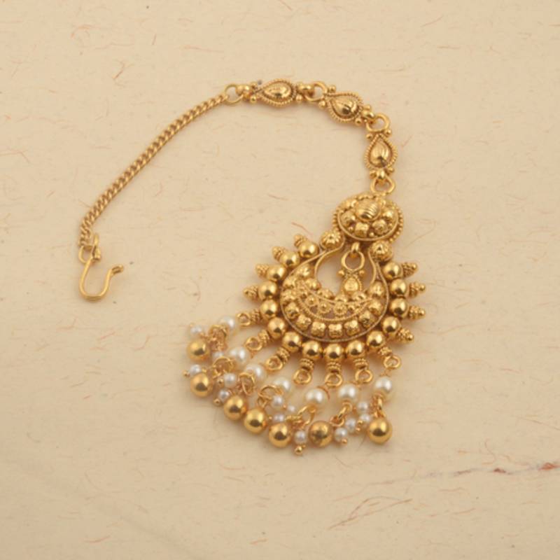 Gold finished chand bali maang tikka with pearl droplets