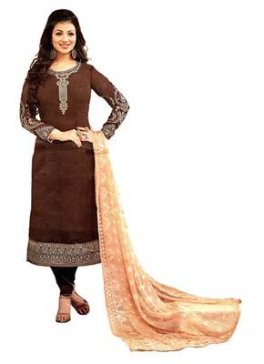Brown Georgette Embroidery Unstitched Salwar With Dupatta 1