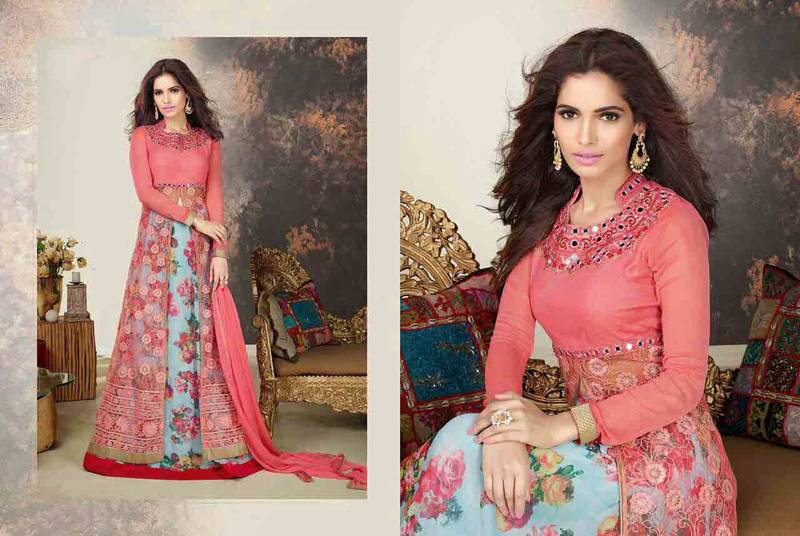 Pink embroidered net semi stitched salwar with dupatta