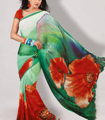 Big Floral Digital Printed Green And Red Saree Made Of Georgette Fabric
