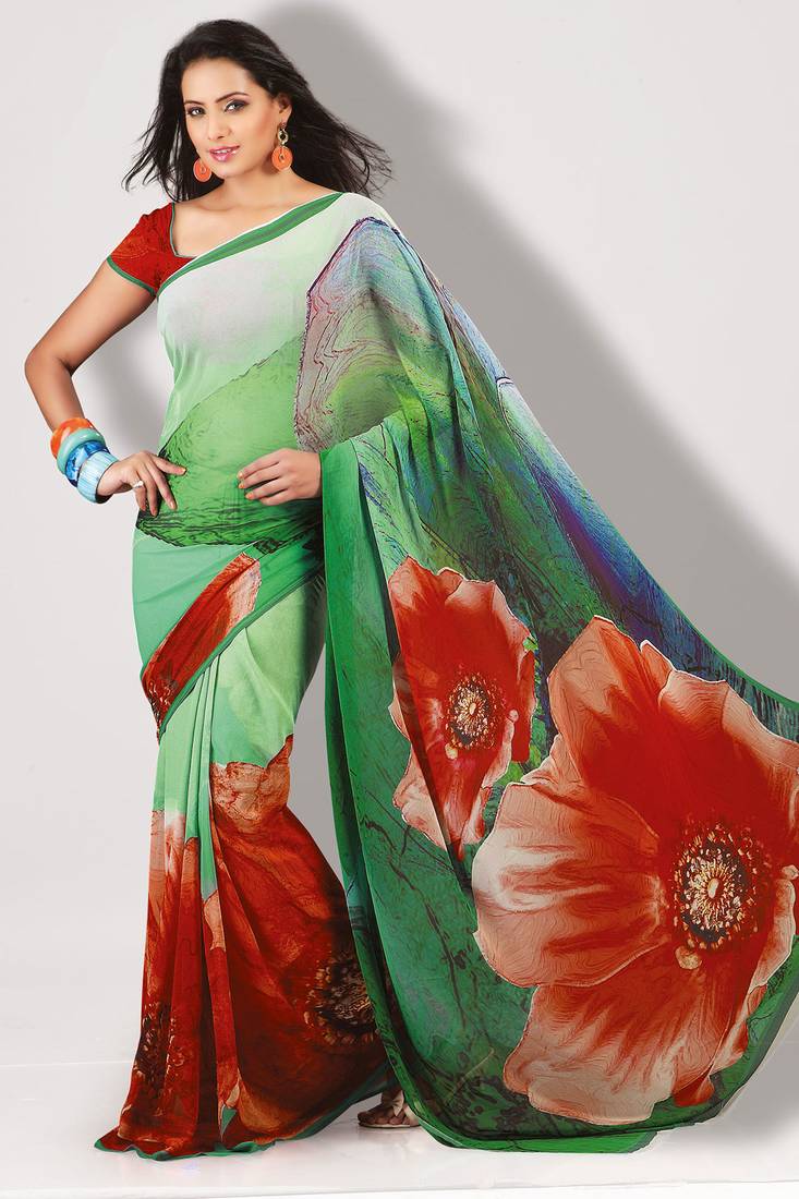 Big Floral Digital Printed Green And Red Saree Made Of Georgette Fabric