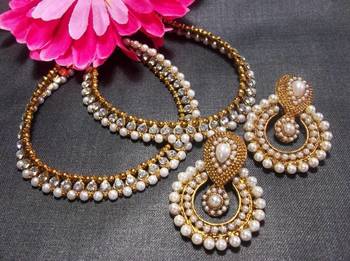 White Pearl golden anklet and Pearl Polki Earrings 1