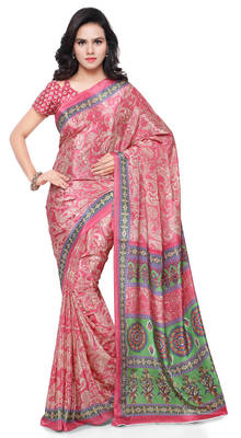 Pink printed crepe saree with blouse 1