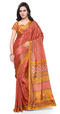 Orange printed crepe saree with blouse 1