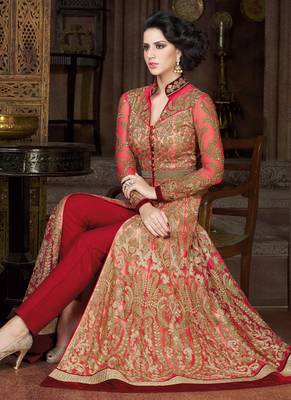 Peach Net Embroidered Semi Stitched Salwar With Dupatta 1