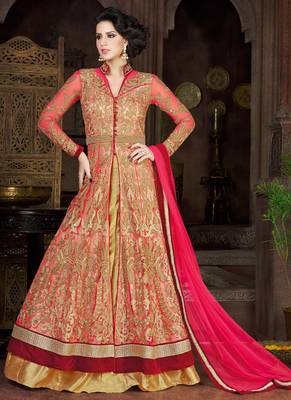 Peach Net Embroidered Semi Stitched Salwar With Dupatta 2