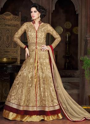 Cream Net Embroidered Semi Stitched Salwar With Dupatta 1