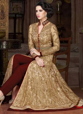 Cream Net Embroidered Semi Stitched Salwar With Dupatta 2