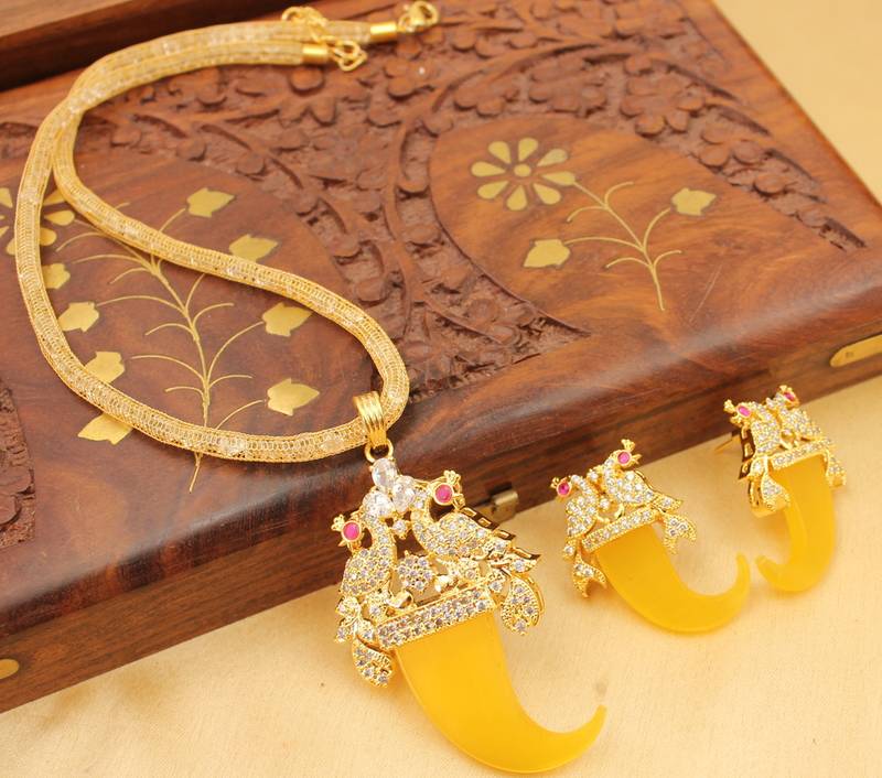 Beautiful Peacock Yellow Designer Necklace Set 