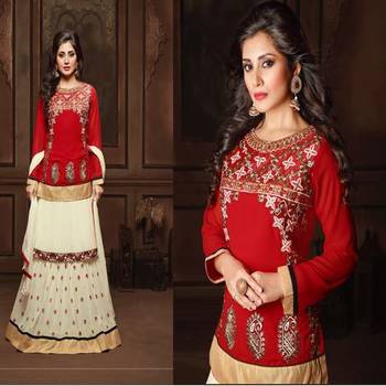 Red embroidered georgette semi stitched salwar with dupatta 1