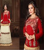 Red embroidered georgette semi stitched salwar with dupatta