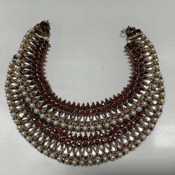 Gold Plated Handcrafted Maroon colour Anklets with Pearl & Kundan 1