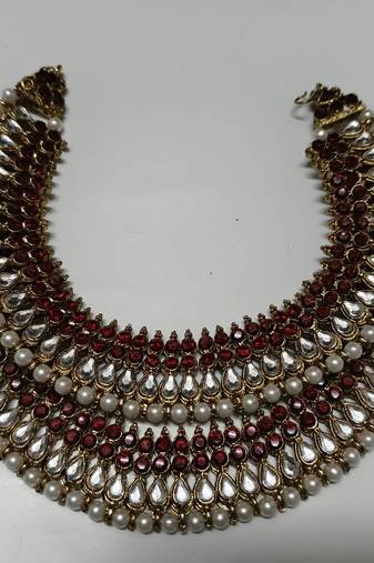 Gold Plated Handcrafted Maroon colour Anklets with Pearl & Kundan