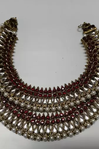 Gold Plated Handcrafted Maroon colour Anklets with Pearl & Kundan