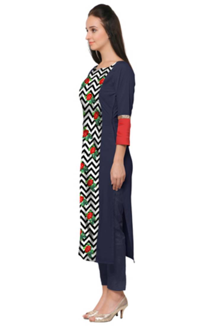 Blue Faux Crepe printed stitched kurti
