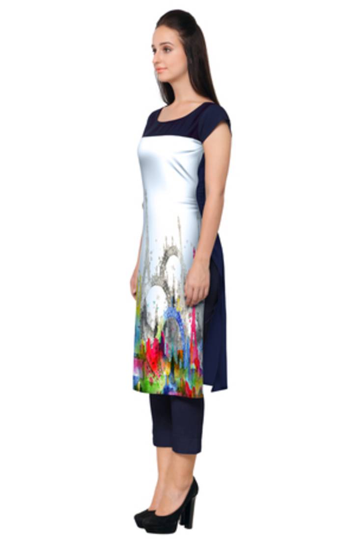 Blue Faux Crepe printed stitched kurti