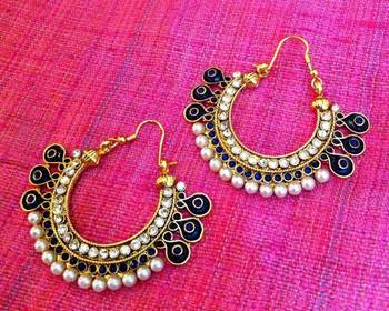 Very festive ethnic meenakari blue hoop bali pearl polki earring c1b 1