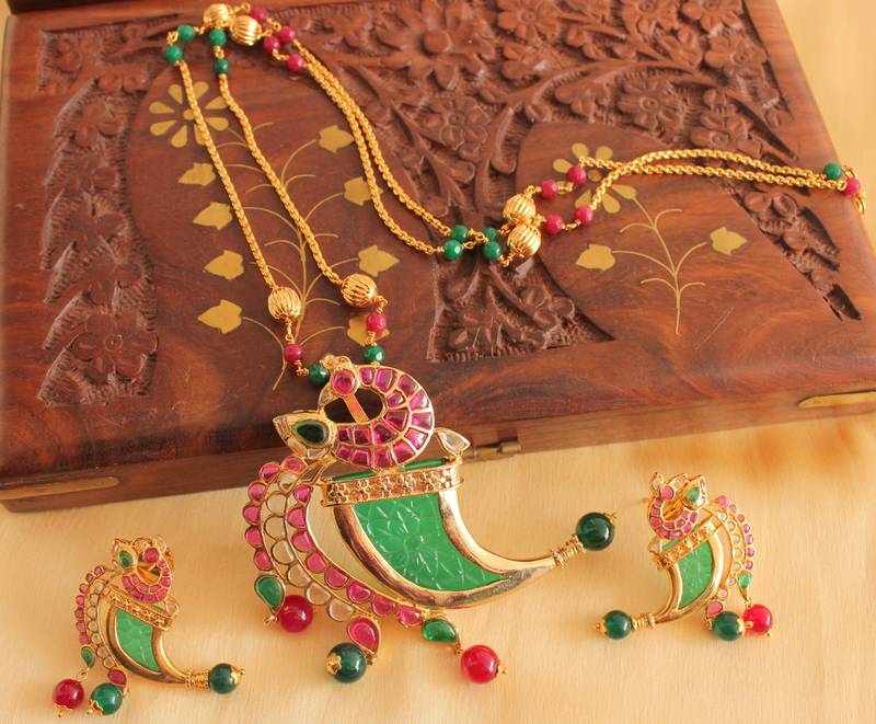 Unique 1 Gram Gold Deisgn Replica Ruby Emerald Necklace Set