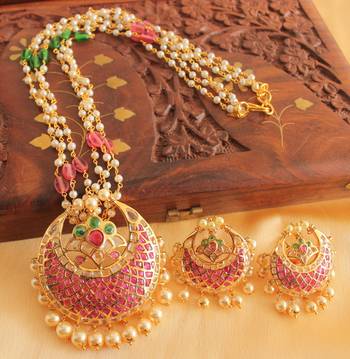 Unique 1 Gram Gold Deisgn Replica Ruby Emerald Necklace Set 1