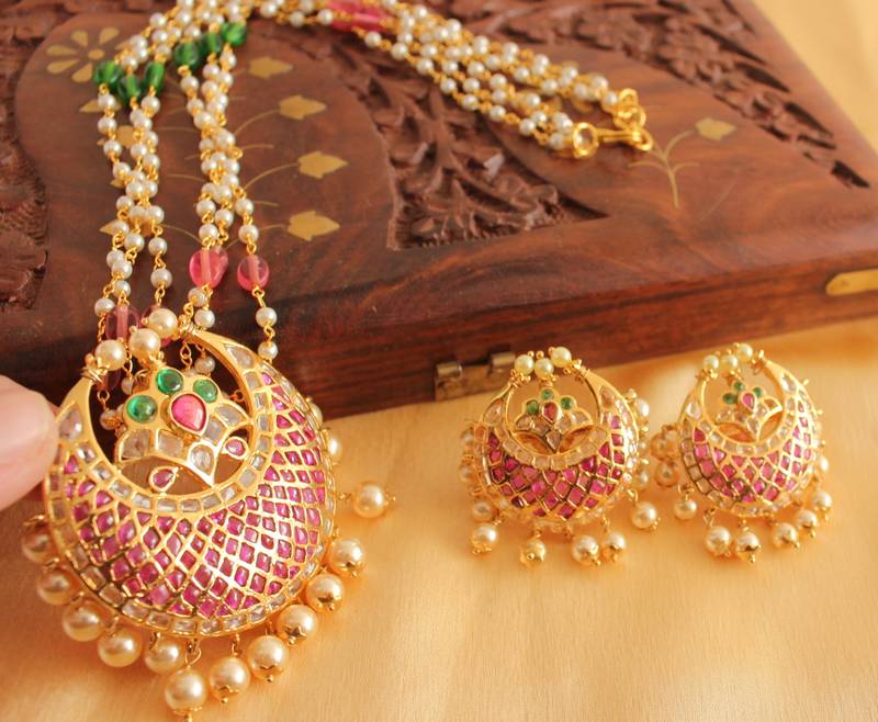 Unique 1 Gram Gold Deisgn Replica Ruby Emerald Necklace Set
