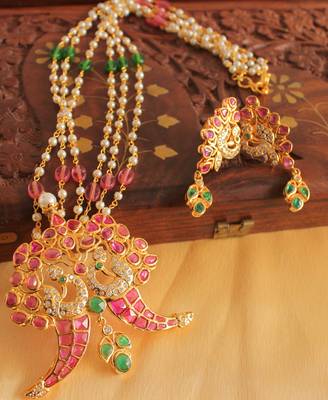 Unique 1 Gram Gold Design Replica Ruby Emerald Necklace Set 1