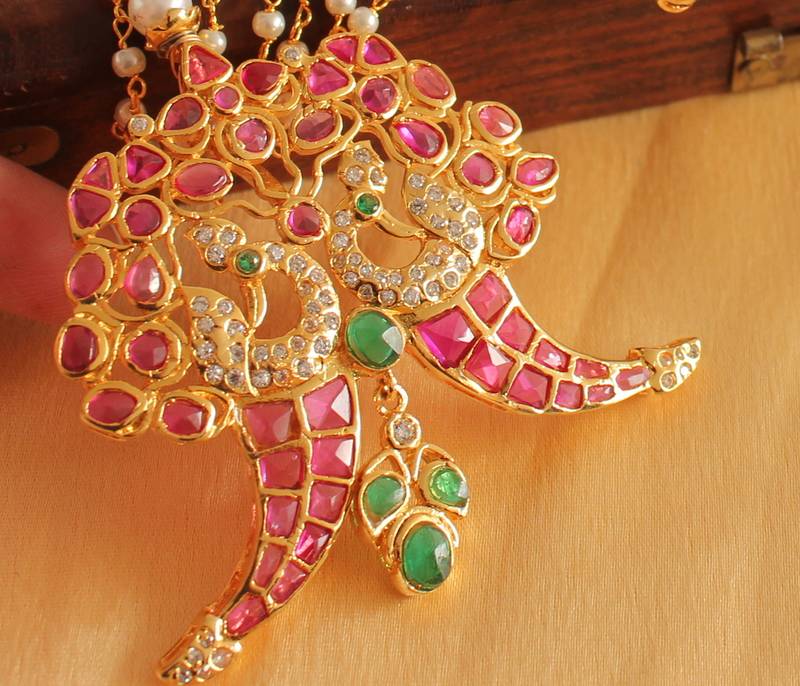 Unique 1 Gram Gold Design Replica Ruby Emerald Necklace Set