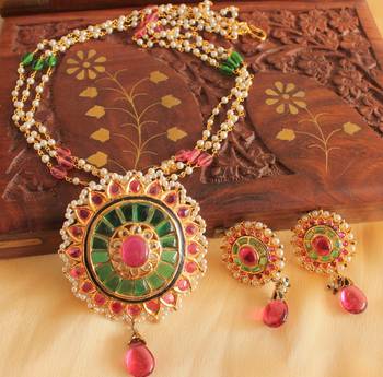 Unique 1 Gram Gold Design Replica Ruby Emerald Necklace Set 1