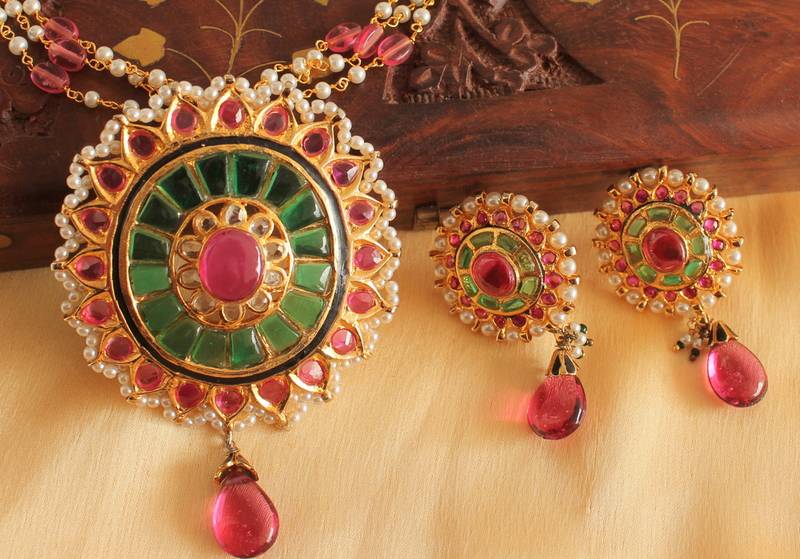 Unique 1 Gram Gold Design Replica Ruby Emerald Necklace Set