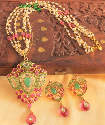 Unique 1 Gram Gold Design Replica Ruby Emerald Necklace Set 1