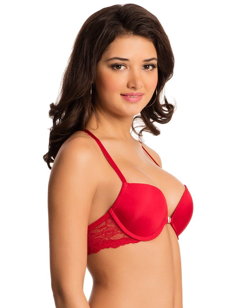 Bombshell Red "Lace Tease" Front-Close Racer Back Push Up Bra