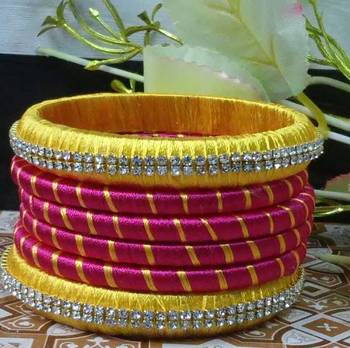 Handmade Maroon And Yellow Colour Silk Thread Bangles 1