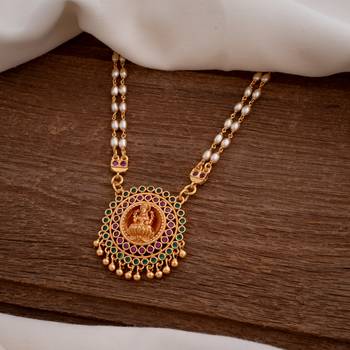 Swarovski light gold rice pearl double strand necklace with Laxmi pendant one gram gold 1