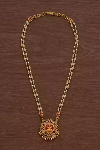 Swarovski light gold rice pearl double strand necklace with Laxmi pendant one gram gold