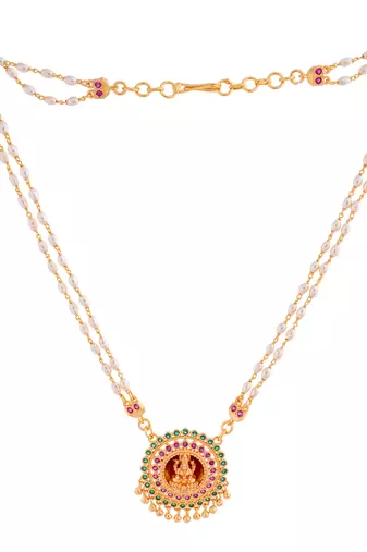 Swarovski light gold rice pearl double strand necklace with Laxmi pendant one gram gold