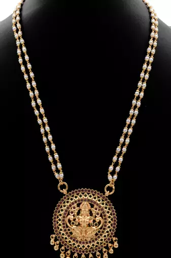 Pearl necklace SHORT with Big Laxmi pendant one gram gold
