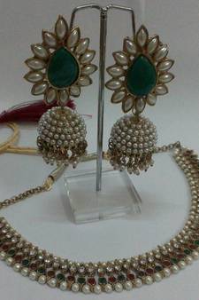 Pearl, Pearl & Only Pearl Necklace set with Green colour earings