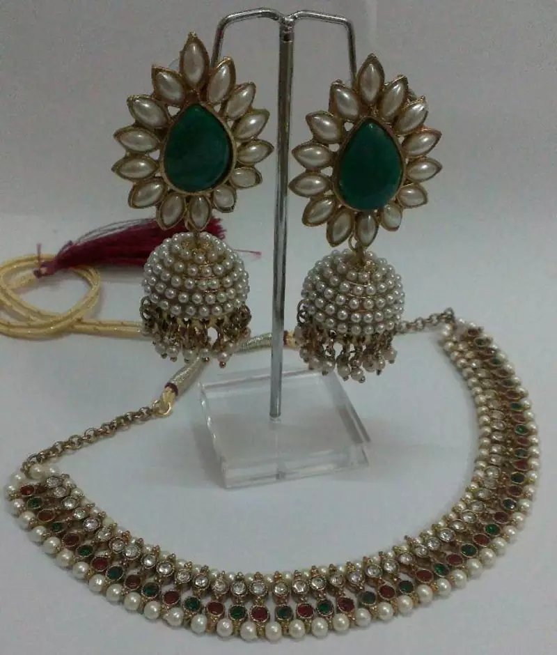 Pearl, Pearl & Only Pearl Necklace set with Green colour earings