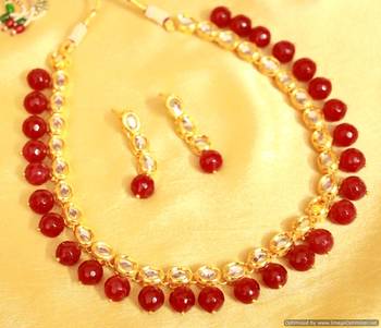 Red Onyx Single Line Kundan Necklace Set 1