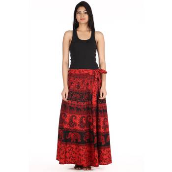 Red cotton printed wrap around free size skirt 3