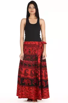 Red cotton printed wrap around free size skirt