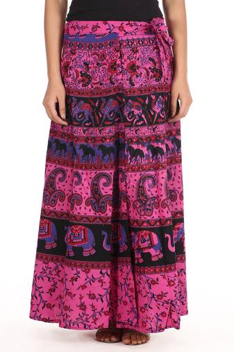 Pink cotton printed wrap around free size skirt