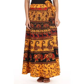 Yellow cotton printed wrap around free size skirt 1