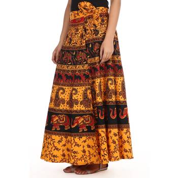 Yellow cotton printed wrap around free size skirt 4