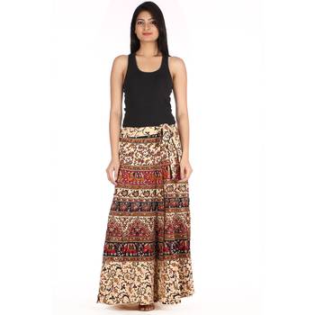 Beige cotton printed wrap around free size skirt 3
