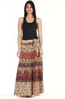 Beige cotton printed wrap around free size skirt