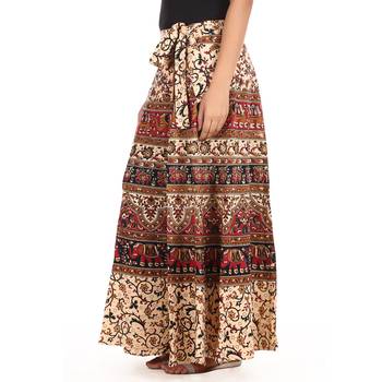 Beige cotton printed wrap around free size skirt 4