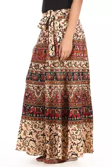 Beige cotton printed wrap around free size skirt
