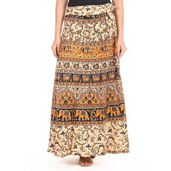 Beige cotton printed wrap around free size skirt 1