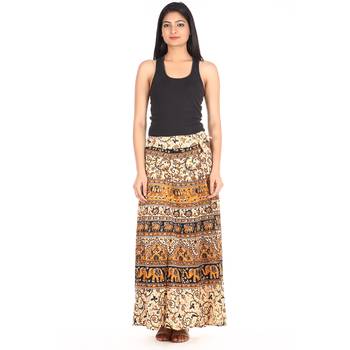 Beige cotton printed wrap around free size skirt 3