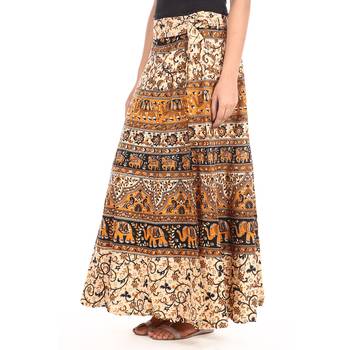 Beige cotton printed wrap around free size skirt 4